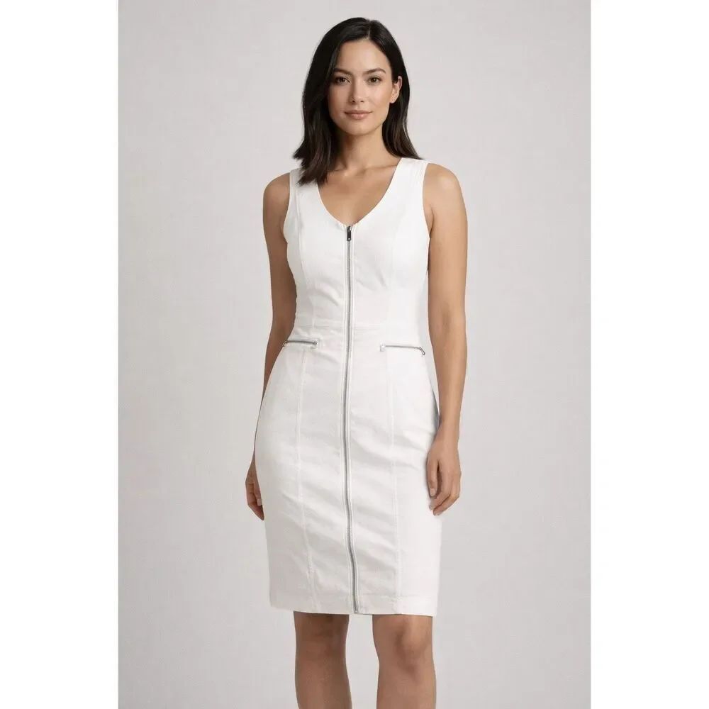 Bebe White Zip Front Sheath Dress Size 6 Sleeveless Bodycon